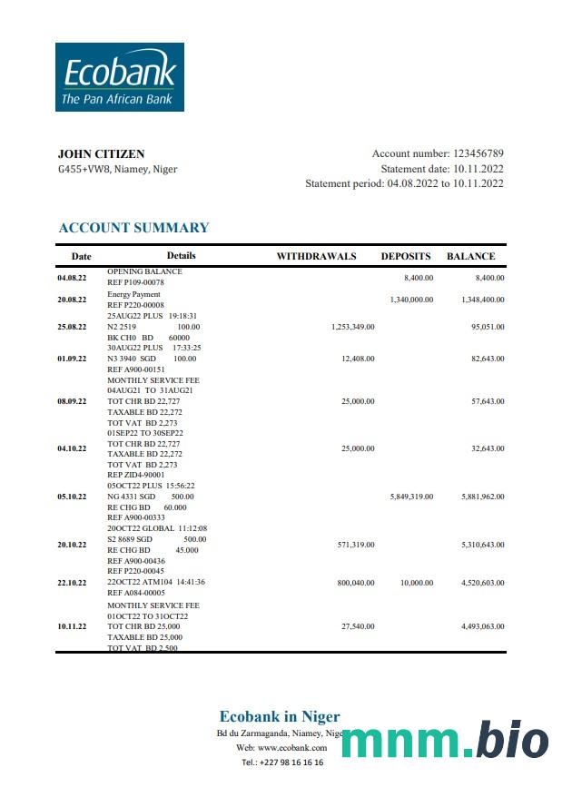 Wyciąg bankowy Niger Ecobank Excel i szablon PDF